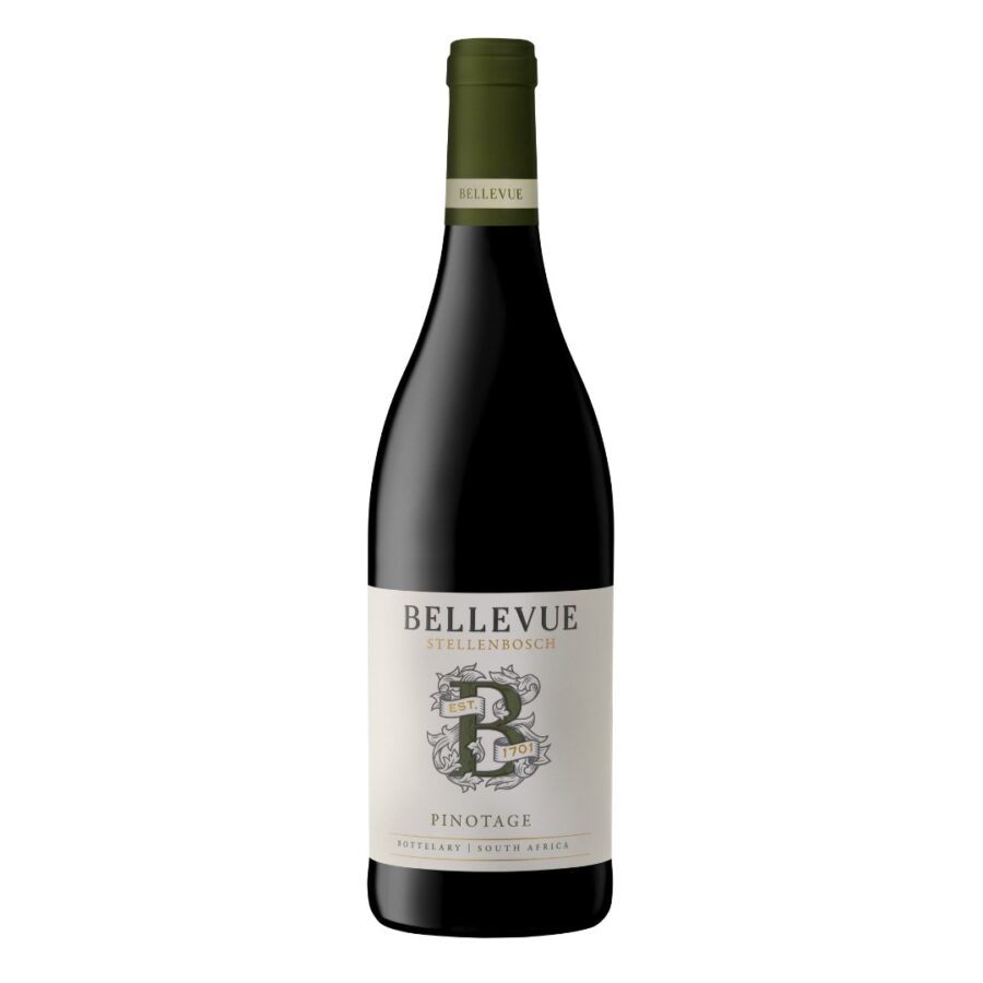 Bellevue Pinotage 2020-2023 red wine bottle with smooth, food-friendly Pinotage style