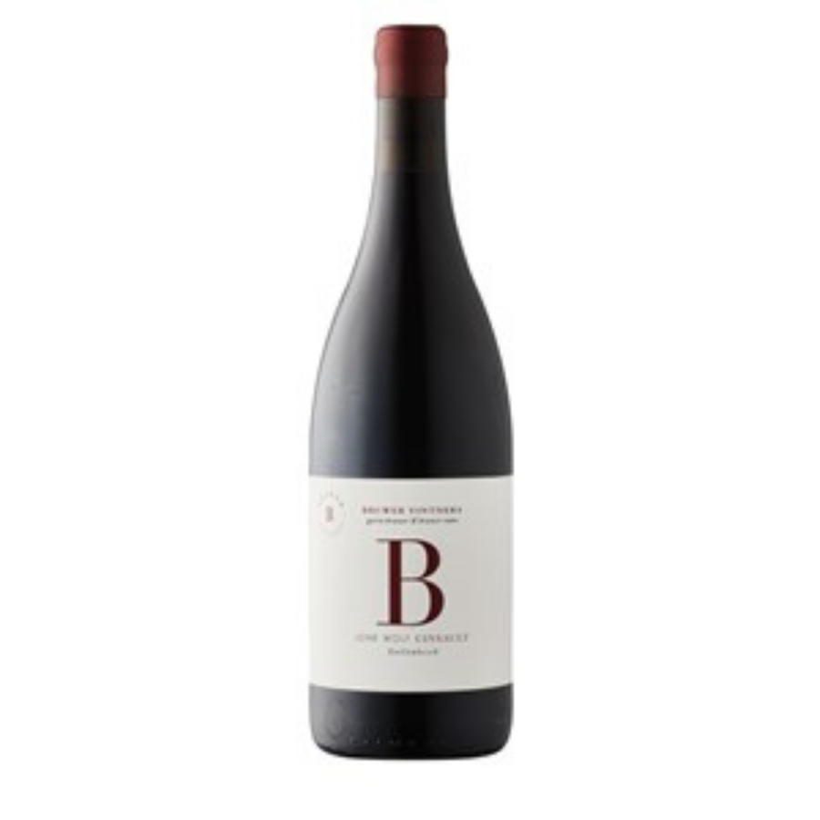 Bottle of Bruwer Vintners Lone Wolf Cinsault 2024 old vine Cinsault from Bottelary Hills Stellenbosch.