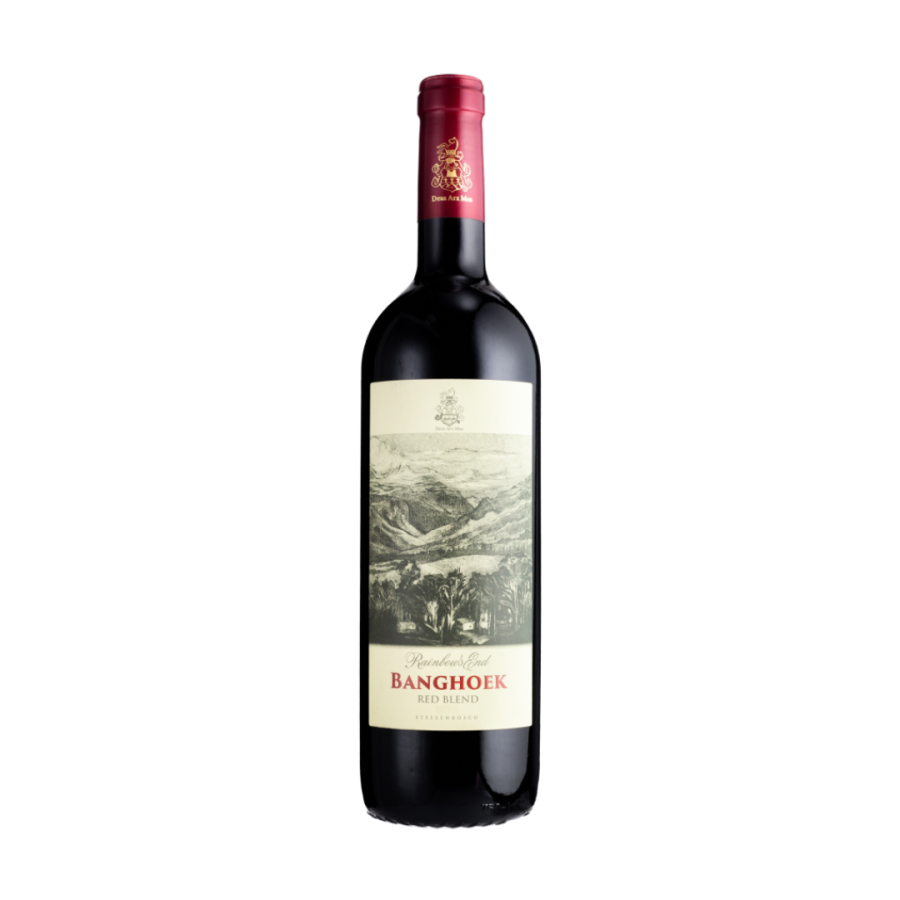 Rainbow's End Banghoek Red Blend 2021 wine bottle with landscape illustration on label.