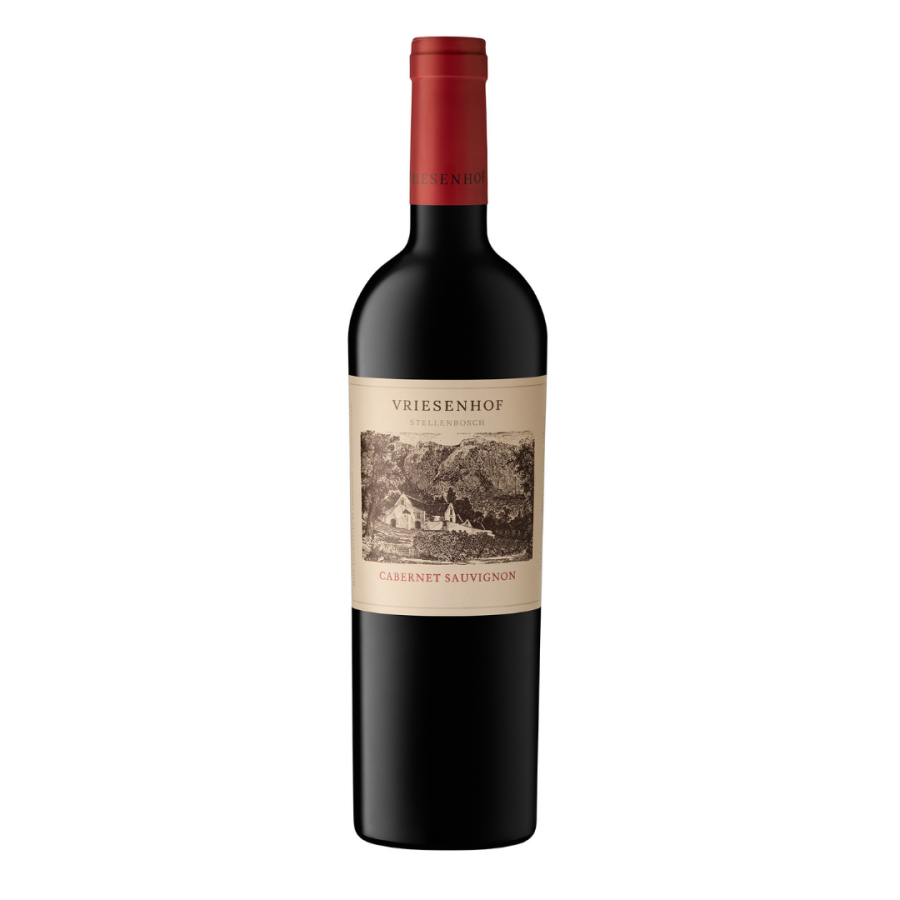Vriesenhof Cabernet Sauvignon 2024 bottle with Stellenbosch vineyard illustration